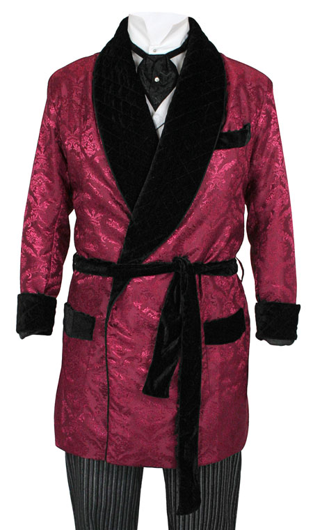  Victorian Edwardian Mens Coats Burgundy Red Brocade Velvet Synthetic Floral Smoking Robes Jackets |Antique Vintage Old Fashioned Wedding Theatrical Reenacting Costume |