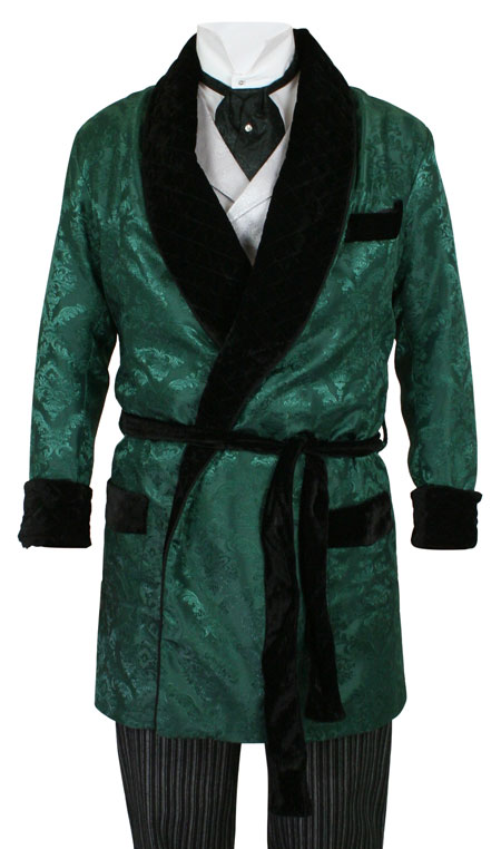  Victorian Edwardian Mens Coats Green Brocade Velvet Synthetic Floral Smoking Robes Jackets |Antique Vintage Old Fashioned Wedding Theatrical Reenacting Costume | Mardi Gras