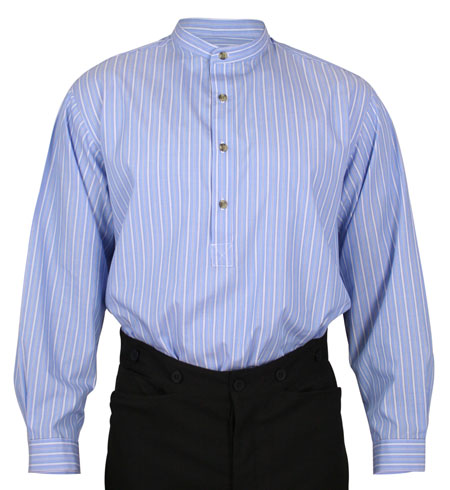  Victorian Edwardian Old West Mens Shirts Blue Cotton Stripe Dress Work Grandfather |Antique Vintage Fashioned Wedding Theatrical Reenacting Costume |