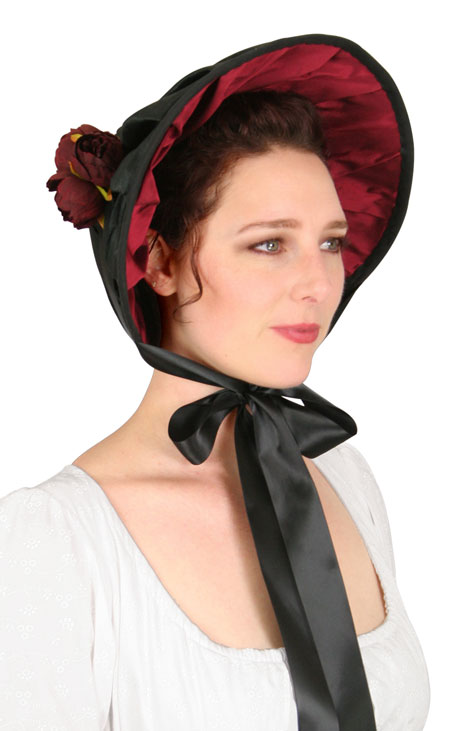  Victorian Regency Ladies Hats Black Burgundy Satin Synthetic Bonnets |Antique Vintage Old Fashioned Wedding Theatrical Reenacting Costume | Dickens