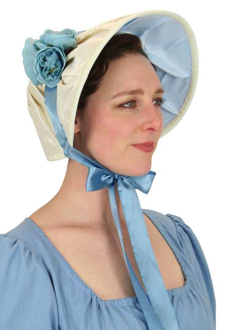  Victorian Regency Ladies Hats Ivory Blue Satin Synthetic Bonnets |Antique Vintage Old Fashioned Wedding Theatrical Reenacting Costume | Dickens