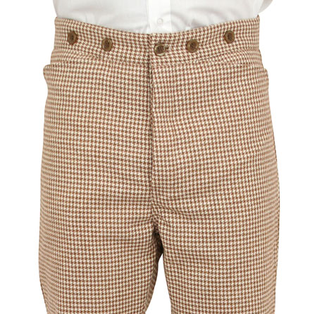  Victorian Old West Edwardian Mens Pants Tan Brown Tweed Wool Blend Synthetic Houndstooth Dress |Antique Vintage Fashioned Wedding Theatrical Reenacting Costume |