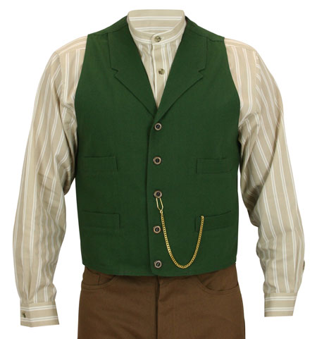  Victorian Old West Steampunk Edwardian Mens Vests Green Canvas Cotton Solid Work Matched Separates |Antique Vintage Fashioned Wedding Theatrical Reenacting Costume |