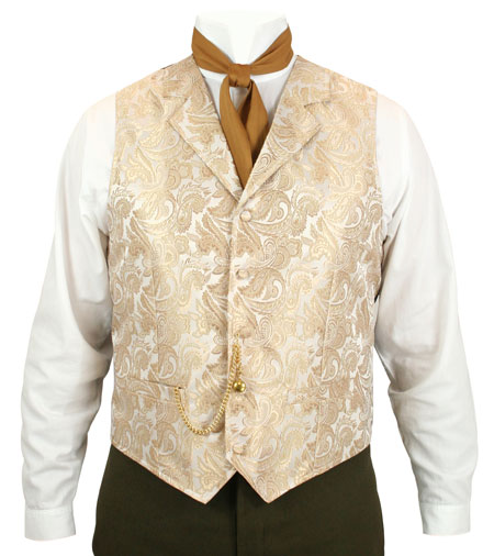  Victorian Edwardian Old West Mens Vests Gold Yellow Ivory Satin Microfiber Synthetic Paisley Floral Dress |Antique Vintage Fashioned Wedding Theatrical Reenacting Costume |