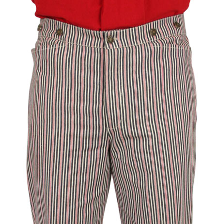 Victorian Old West Steampunk Edwardian Mens Pants Red White Blue Cotton Stripe Dress Work |Antique Vintage Fashioned Wedding Theatrical Reenacting Costume |