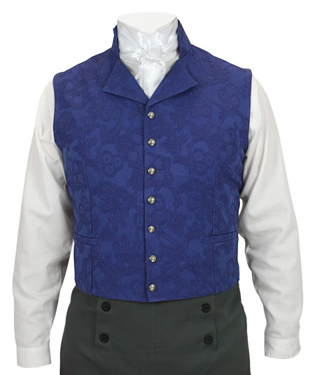  Regency Mens Vests Blue Cotton Blend Floral Dress |Antique Vintage Old Fashioned Wedding Theatrical Reenacting Costume |