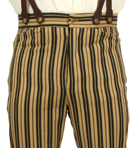 Victorian Old West Edwardian Steampunk Mens Pants Tan Black Cotton Stripe Dress Work |Antique Vintage Fashioned Wedding Theatrical Reenacting Costume |