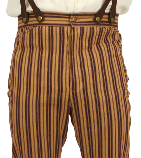  Victorian Old West Edwardian Mens Pants Burgundy Red Yellow Gold Cotton Stripe Dress Work |Antique Vintage Fashioned Wedding Theatrical Reenacting Costume |