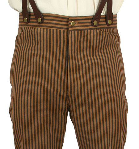  Victorian Old West Edwardian Mens Pants Brown Cotton Stripe Dress Work |Antique Vintage Fashioned Wedding Theatrical Reenacting Costume |