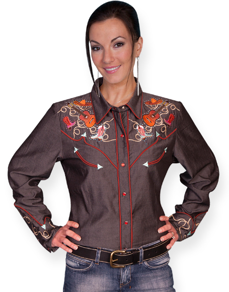 Texas Two Step Ladies Western Blouse - Charcoal