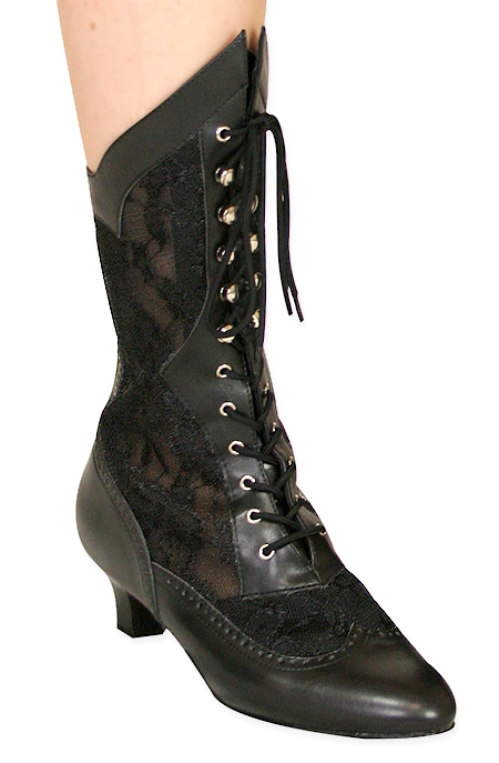 Verity Lace Victorian Boot - Black Faux Leather